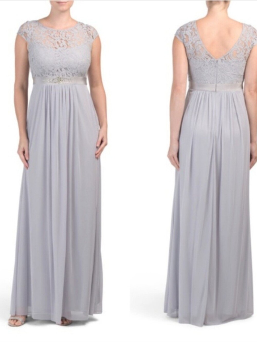 Adrianna Papell Silver Floral Lace Stretch Tule Femenine Gown Cottagecore Sz 2